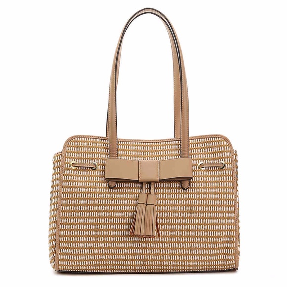 Nanette Lepore ‘Arabelle’ Tan & Cream Leather, Straw & Canvas Tassel Bow Purse - Picture 3 of 10